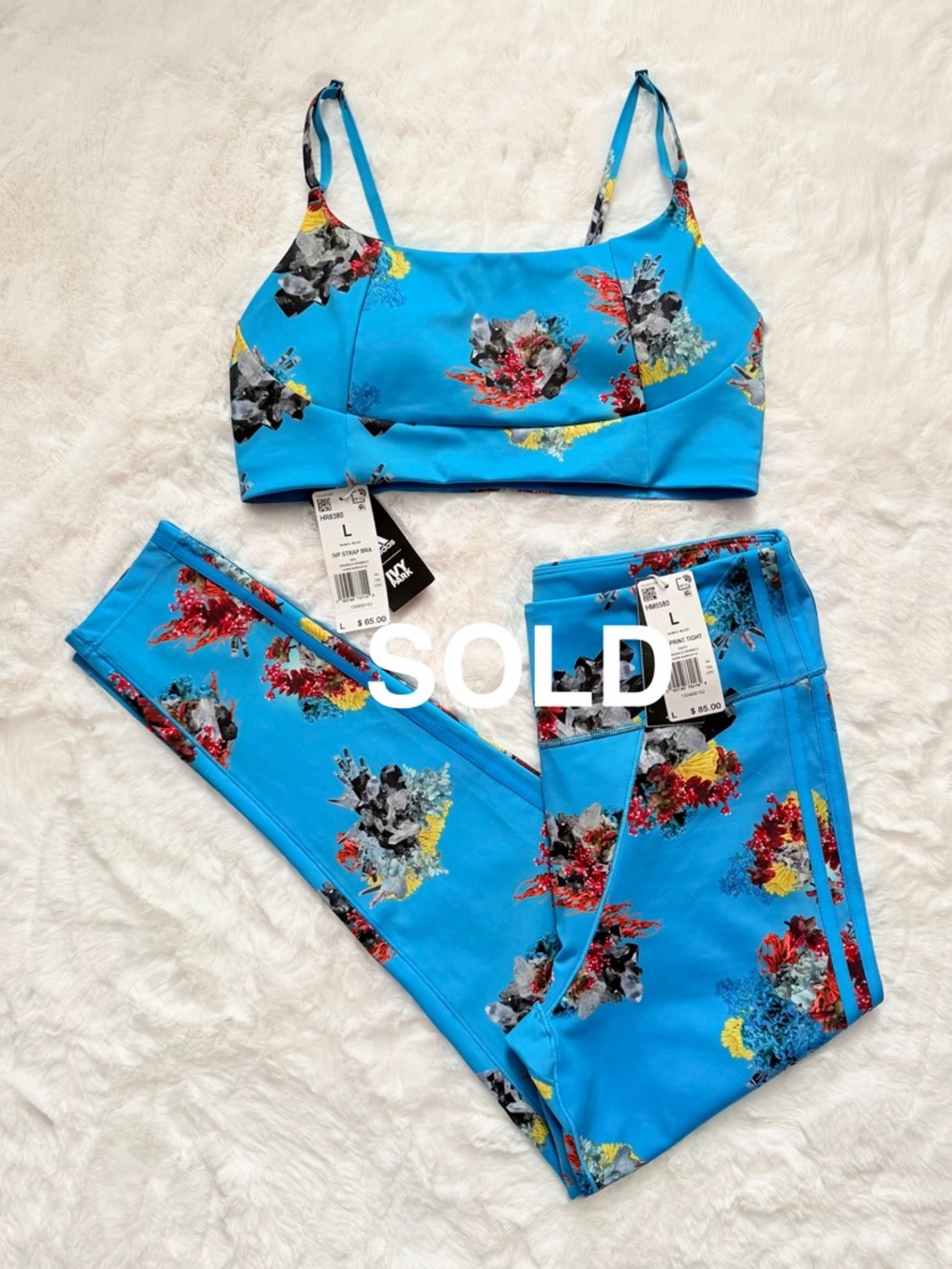 NWT Adidas x Ivy Park Printed Tights & Matching Bra | Crystal AOP/Shock Cyan, L